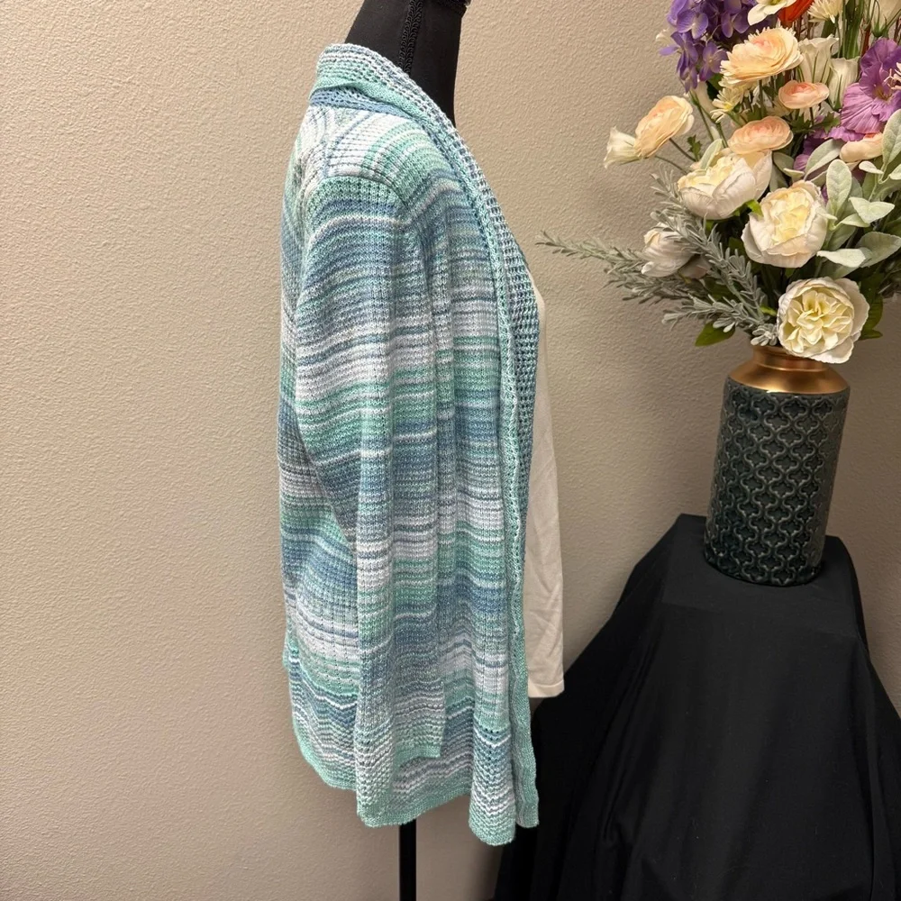 Alfred Dunner Aqua Knit Cardigan M | Open Front Layered Sweater Set Spring - Picture 4 of 8